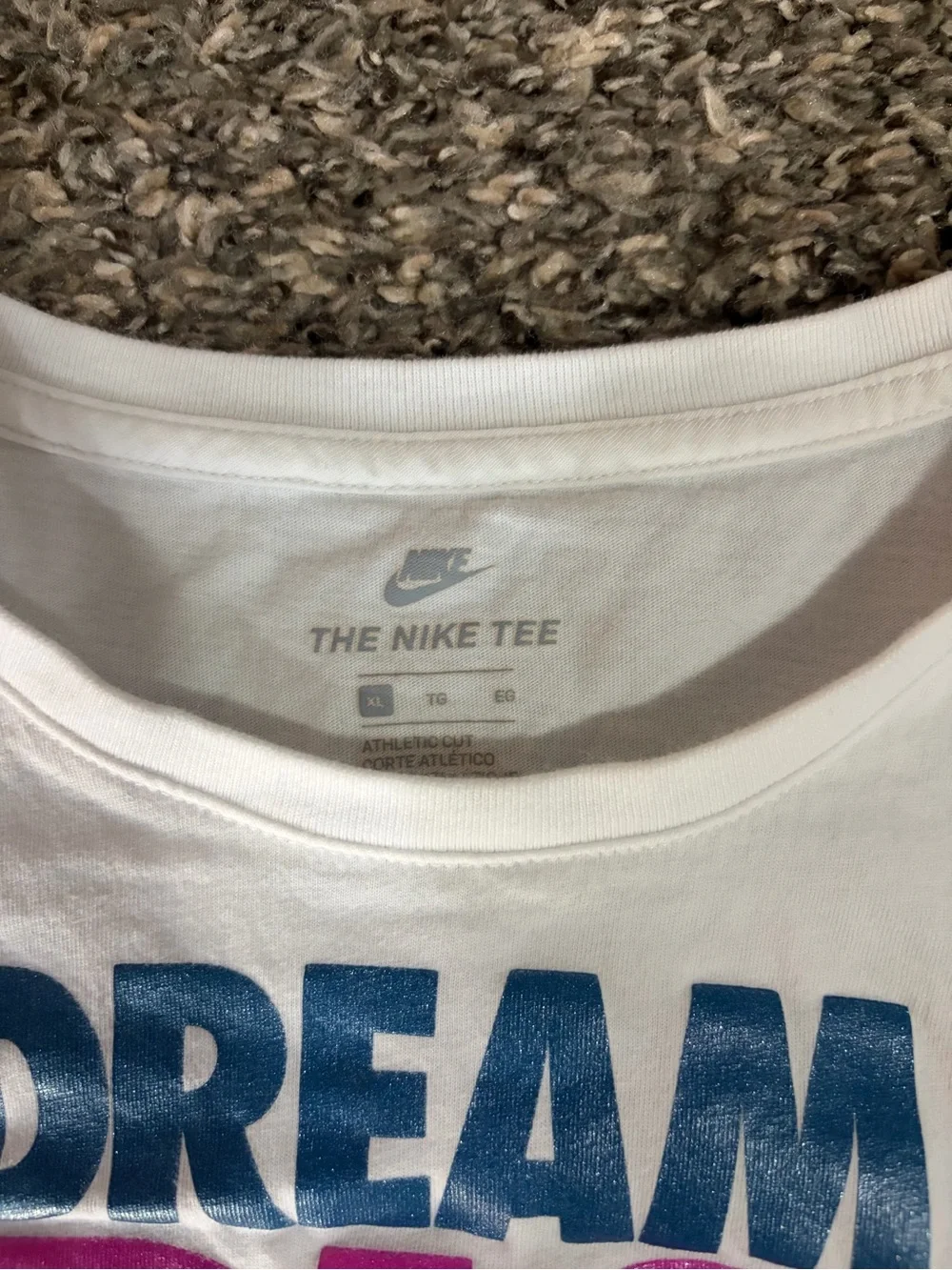 Nike White Short Sleeve Tee with Blue and Pink 'Dream Big' Graphic